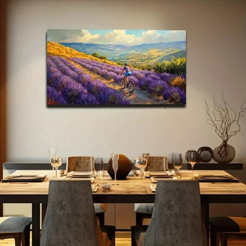 Vibrant Lavender Fields Cyclist Wall Art Canvas Office Home Room Framed 120x60cm