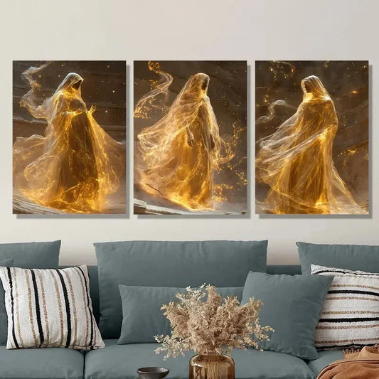 3pcs Glittering fantasy, Golden glowing goddess  Metal Print Ready to Hang Art