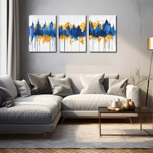 3pcs Vibrant Blue & Golden Tree Design   Wall Art Set Canvas Framed 40x60cm - High Quality Print 100% Australian Made Wall Canvas Ready to Hang