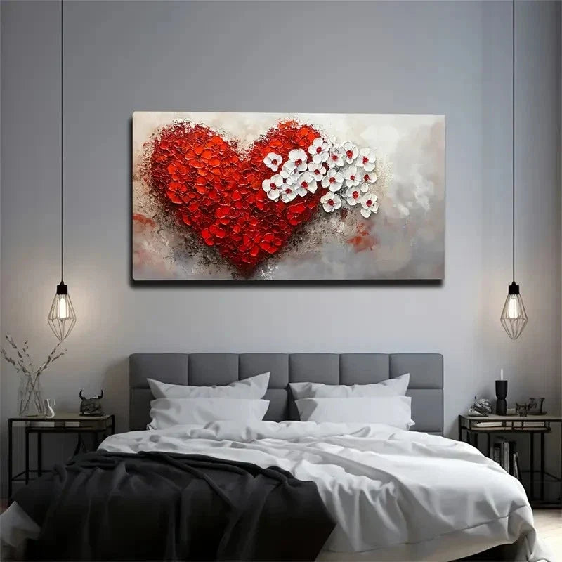 Red & White Floral Heart Modern Wall Art Canvas Office Home Room Framed 120x60cm