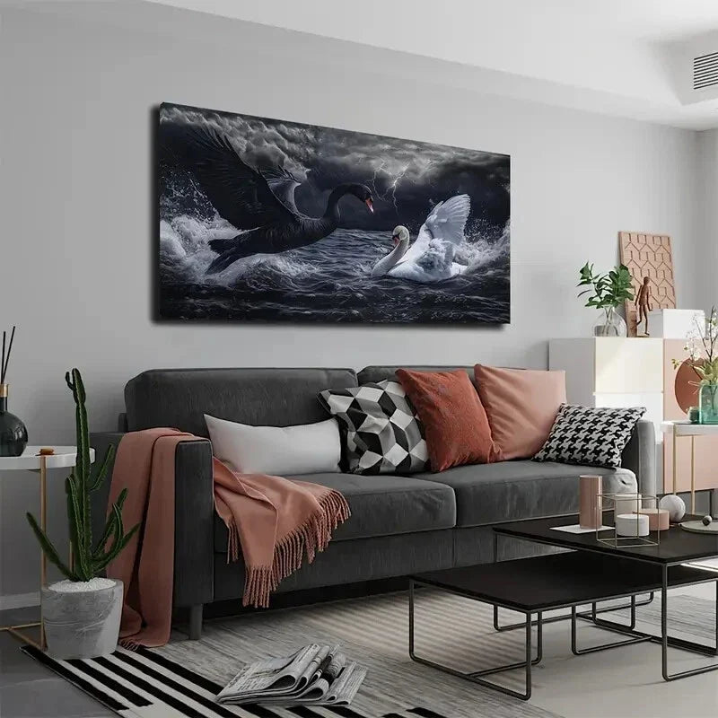 Stormy Weather Day Swan Black Wall Art Canvas Office Home Room Framed 80x45cm