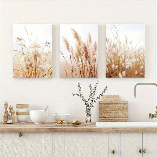 3pcs Beige Flowers Earth Classic Modern Style Metal Print Ready to Hang Art