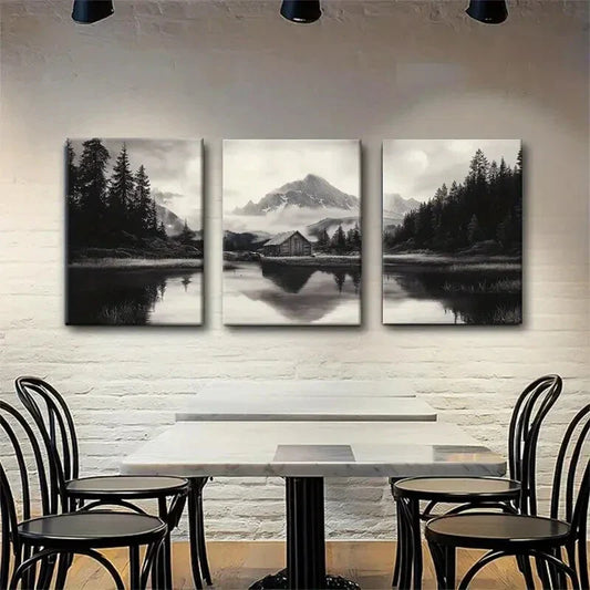 3pcs Misty Lake and Cabin Tranquil Perfect Wall Art Set Canvas Framed 40x60cm - High Quality Print 100% Australian Made Wall Canvas Ready to Hang