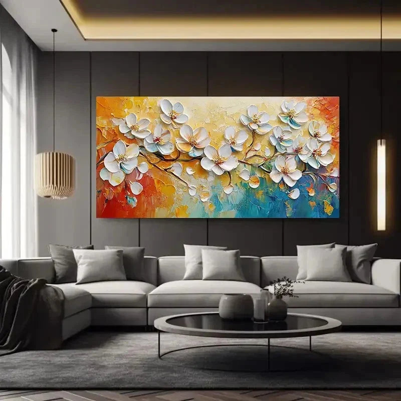 White Cherry Blossom Flowers Wall Art Canvas Office Home Room Framed 80x45cm