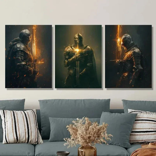 3pcs Flame Knight Metal Full Armor And Holding Sword Print Ready to Hang Art