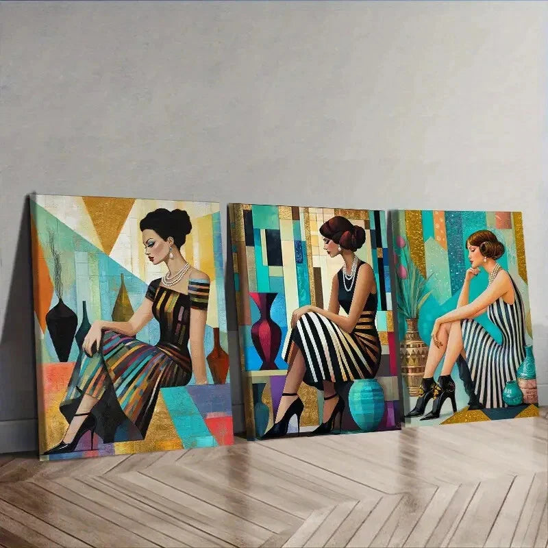 3pcs  R etro fashion girl, Wall Art Set Canvas Framed 40x60cm - High Quality Print 100% Australian Made Wall Canvas Ready to Hang
