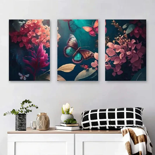 3pcs Vibrant Butterfly & Flower Pink & Orange Metal Print Ready to Hang Art