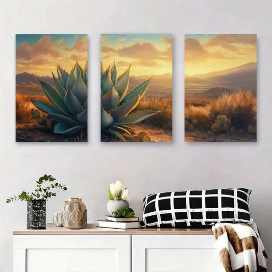 3pcs Agave Sunset Landscape, Southwest Nature Metal Print Ready to Hang Art