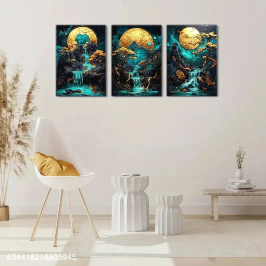 3pcs Elegant Space Golden Moon Waterfall, Metal Print Ready to Hang Art