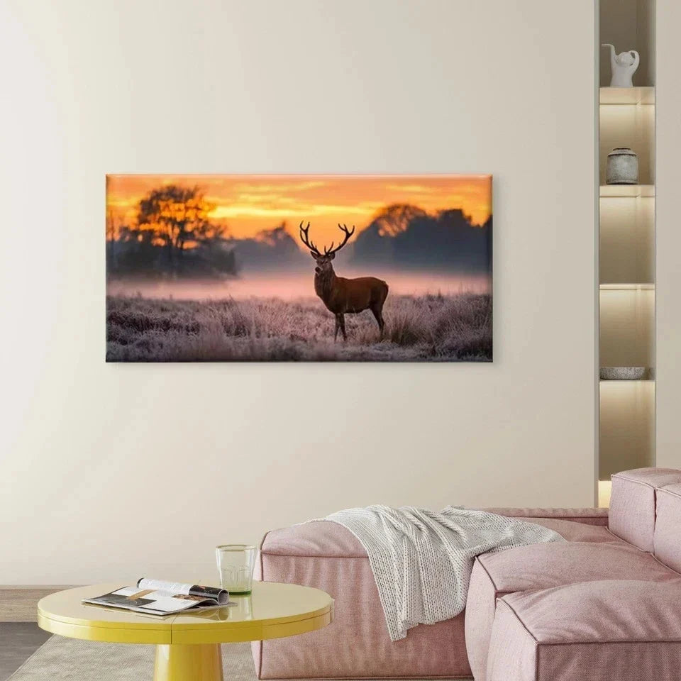 Elk Sunset with Autumn Hues Wall Art Canvas Office Home Room Framed 80x45cm