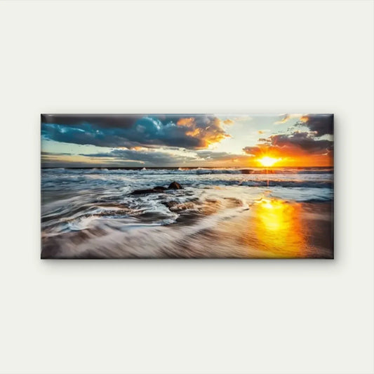 Sunset Beach Waves Crassh Wall Art Canvas Office Home Room Framed 80x45cm