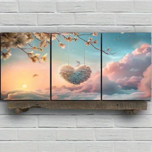 3pcs Decorative Heart Bird Sunset Clouds Metal Print Ready to Hang Art