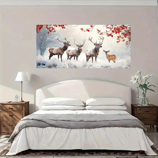 Winter Deer Snow Nature Wall Art Canvas Office Home Room Framed 80x45cm