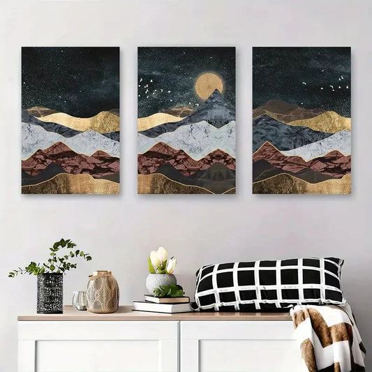 3pcs Mountain, Sun & Golden Foil Design Metal Print Ready to Hang Art