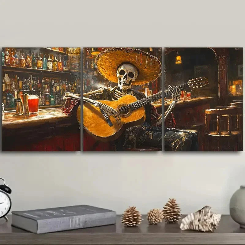 3pcs A skeleton playing guitar in a bar Wall Art Set Canvas Framed 40x60cm - High Quality Print 100% Australian Made Wall Canvas Ready to Hang