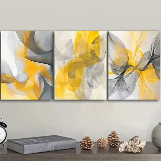 3pcs Featuring Abstract Shapes In Yellow And Gray Metal Print Ready to Hang Art