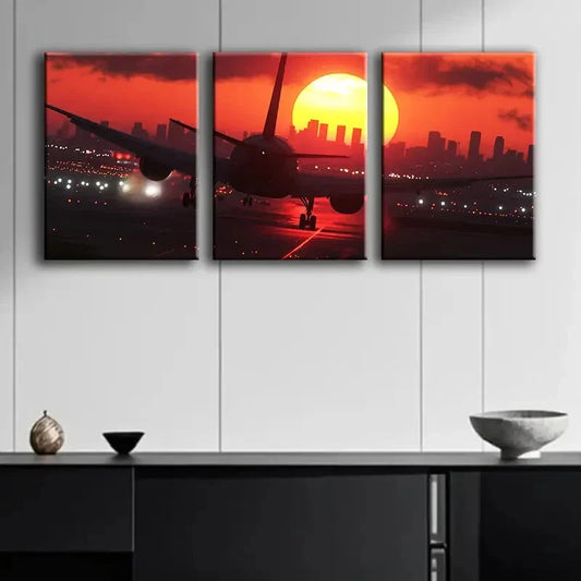 3pcs Sunset Airplane Shine Dark Décor Perfect Wall Art Set Canvas Framed 40x60cm - High Quality Print 100% Australian Made Wall Canvas Ready to Hang