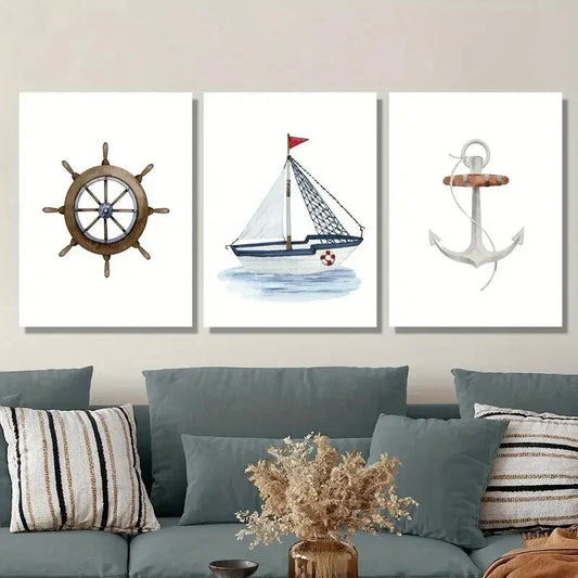 3pcs  watercolor style painting of rudder sailboat Metal Print Ready to Hang Art