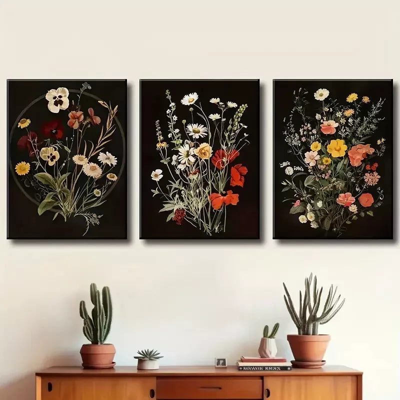 3pcs Vintage flowers, Moody Gothic Natural Wall Art Set Canvas Framed 40x60cm - High Quality Print 100% Australian Made Wall Canvas Ready to Hang