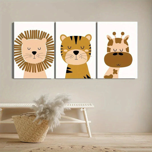 3pcs Jungle Animals Lion, Tiger, Giraffe Metal Print Ready to Hang Art