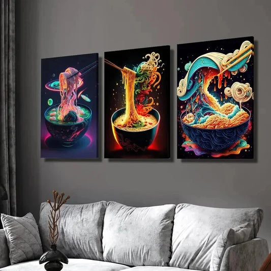 3pcs Japanese Colorful Ramen & Sushi Wall Art Set Canvas Framed 40x60cm - High Quality Print 100% Australian Made Wall Canvas Ready to Hang