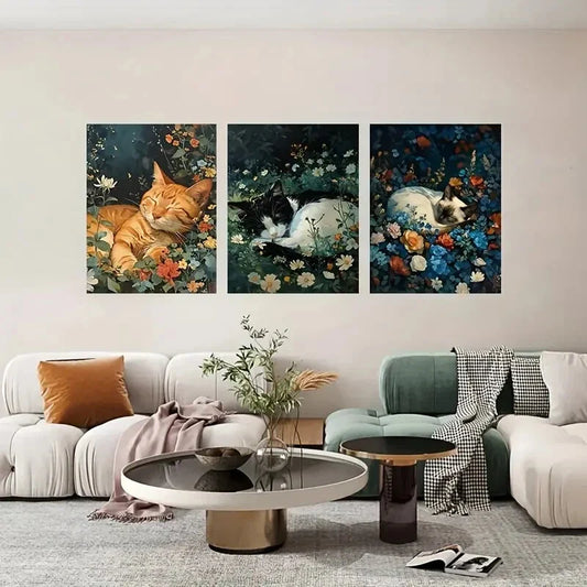 3pcs Whimsical Cat & Floral Botanical Illustration Metal Print Ready to Hang Art
