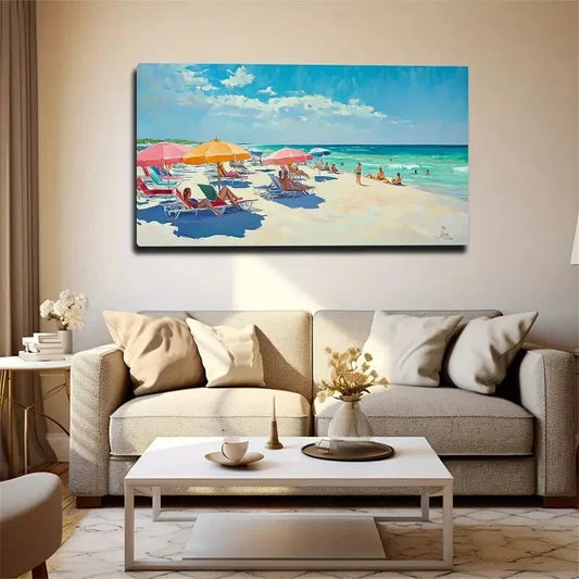 Vibrant Beach with Umbrellas Wall Art Canvas Office Home Room Framed 80x45cm