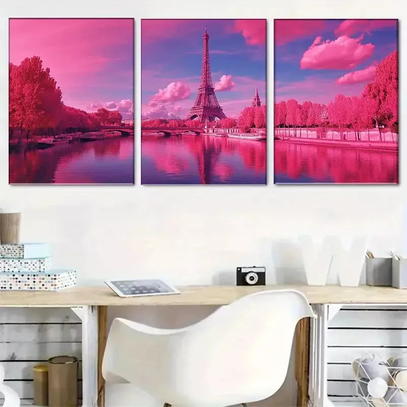 3pcs  Pink Parisian Eiffel Tower Triptych Wall Art Set Canvas Framed 40x60cm - High Quality Print 100% Australian Made Wall Canvas Ready to Hang