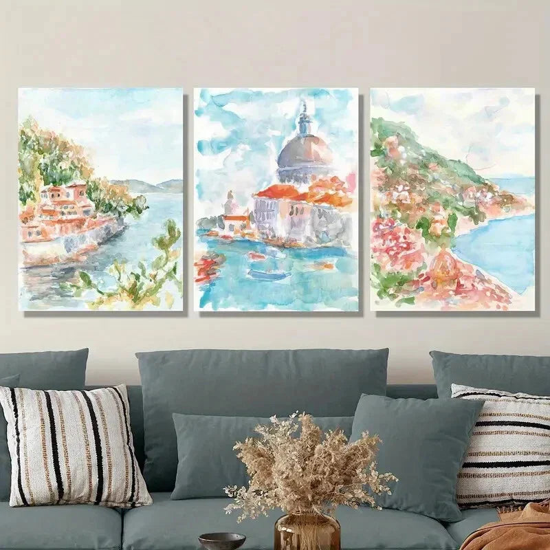 3pcs Modern Coastal Landscape Paintings, Metal Print Ready to Hang Art