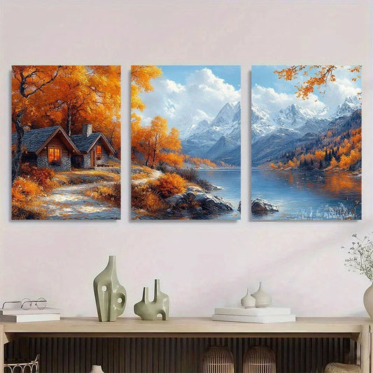 3pcs Autumn Mountain Lake Scenes Metal Print Ready to Hang Art