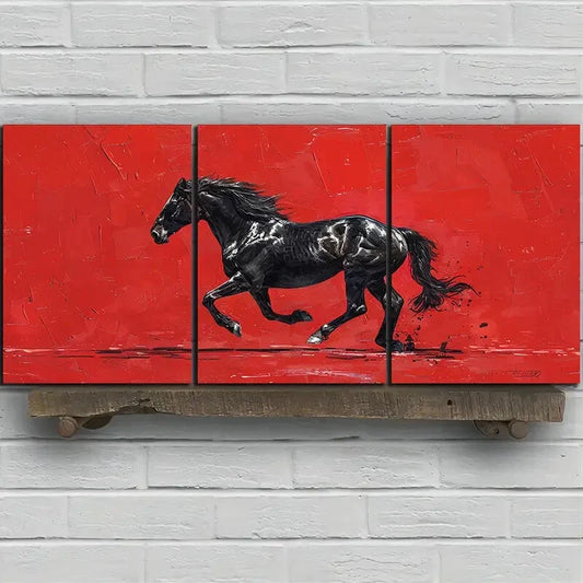3pcs Black Running Horse Red & Black Metal Print Ready to Hang Art