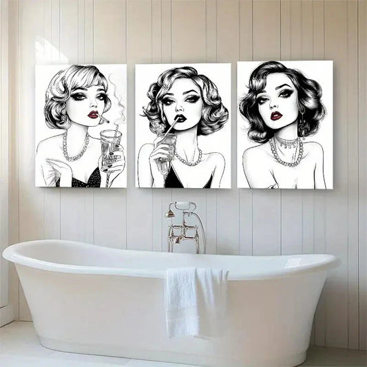 3pcs Vintage Glamour Fashionable Woman Perfect Wall Art Set Canvas Framed 40x60cm - High Quality Print 100% Australian Made Wall Canvas Ready to Hang