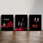 3pcs Wine Glass And Rose, Red Wine, BarMetal Print Ready to Hang Art