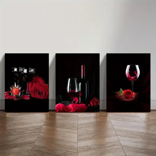 3pcs Wine Glass And Rose, Red Wine, BarMetal Print Ready to Hang Art