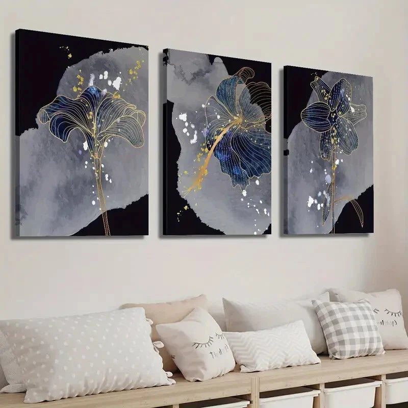 3pcs Blue Golden and Grey Botanical Flower Wall Art Set Canvas Framed 40x60cm - High Quality Print 100% Australian Made Wall Canvas Ready to Hang