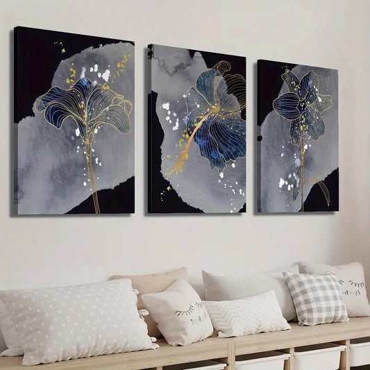 3pcs Blue Golden and Grey Botanical Flower Wall Art Set Canvas Framed 40x60cm - High Quality Print 100% Australian Made Wall Canvas Ready to Hang