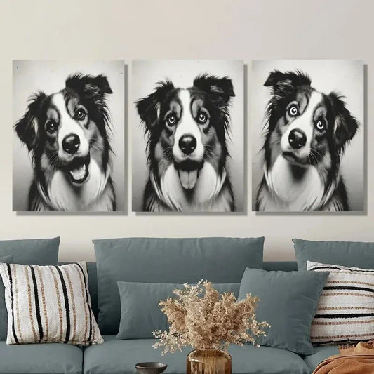 3pcs Shepherd Dog Portraits, Black & White Metal Print Ready to Hang Art