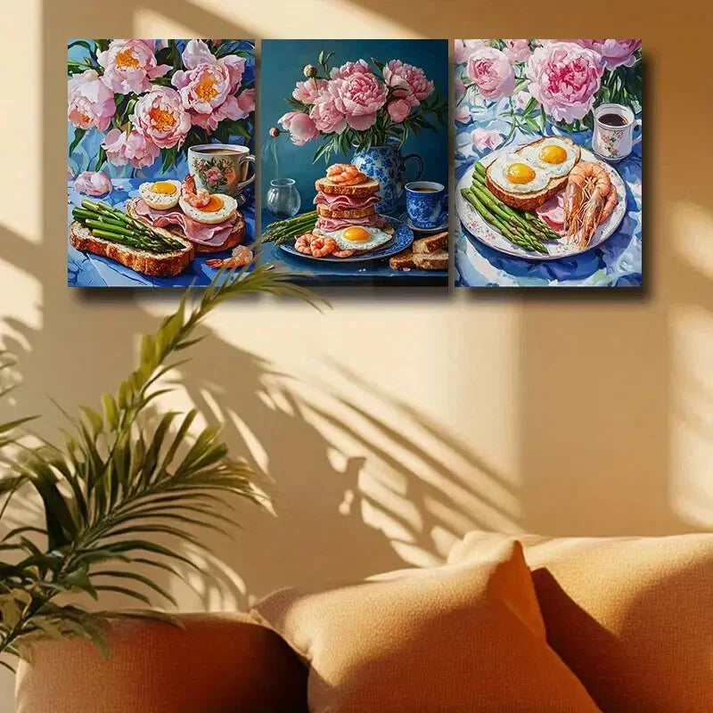 3pcs Breakfast Scene with Flowers Eggs Bacon & Tea Metal Print Ready to Hang Art
