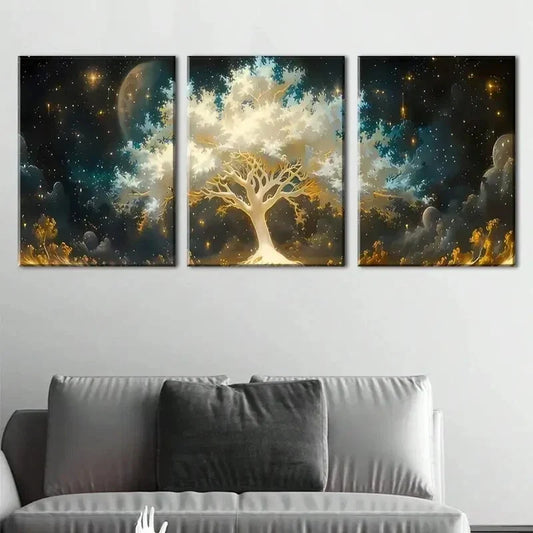 3pcs Tree Of Life In The Stars Canvas Painting Metal Print Ready to Hang Art