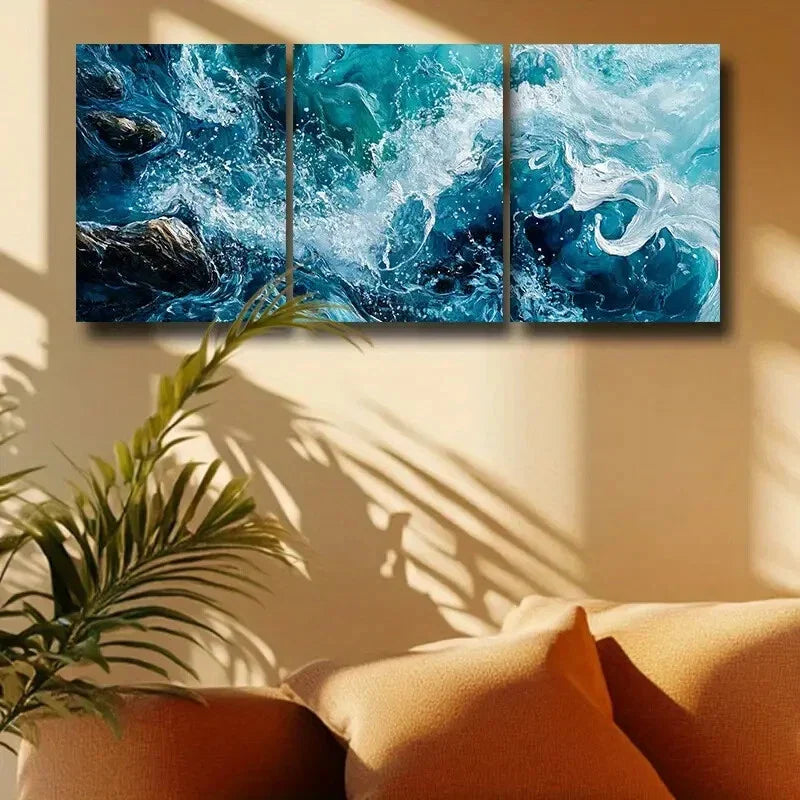 3pcs Waves Crashing against Rocks Metal Print Ready to Hang Art