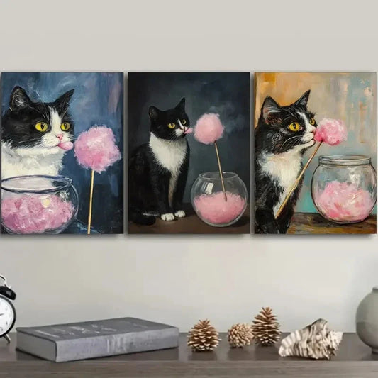 3pcs  Kitty Eating Marshmallows Metal Print Ready to Hang Art