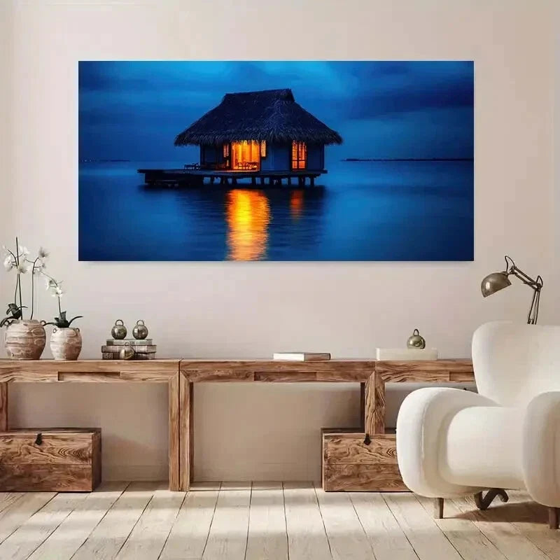 Lake Bungalow Glow Sunset wall canvas office home room framed 120x60cm