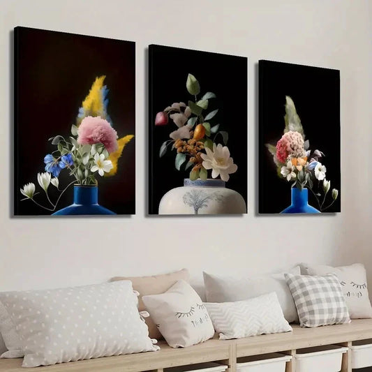 3pcs Vibrant Colorful Flower Bouquets in Vases Wall Art Set Canvas Framed 40x60cm - High Quality Print 100% Australian Made Wall Canvas Ready to Hang