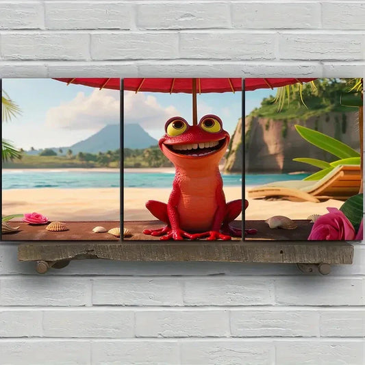 3pcs Smiling Red Peach Frog Beach Metal Print Ready to Hang Art