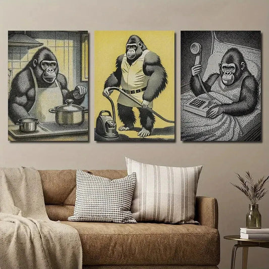 3pcs Vintage Gorilla Housework Scenes Retro Comic Metal Print Ready to Hang Art