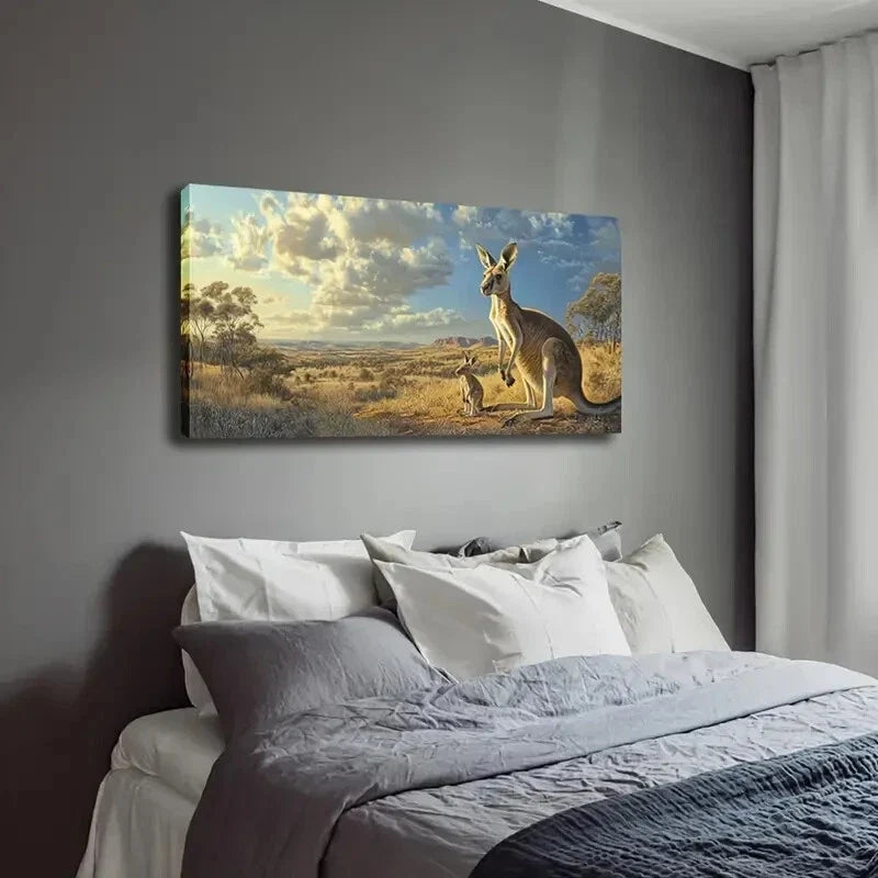 Savanna Kangaroo & Youngster Wall Art Canvas Office Home Room Framed 80x45cm