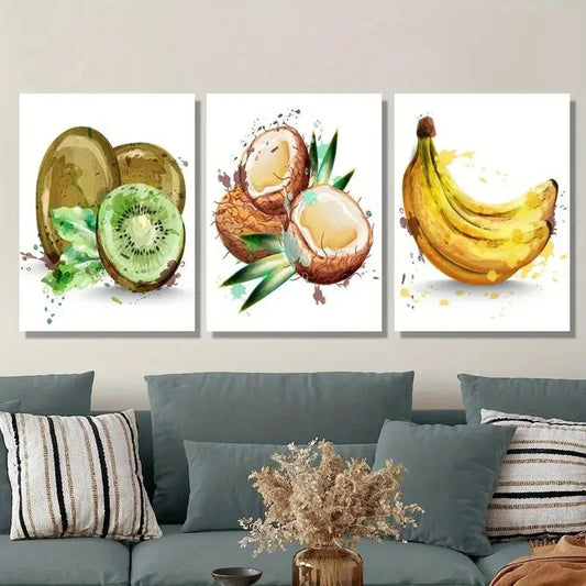 3pcs Kiwi coconut and banana fruit painting Metal Print Ready to Hang Art