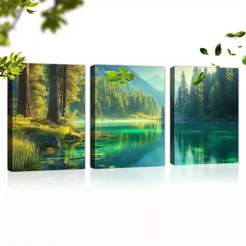3pcs  Vintage Peaceful Forest Lake with Mountain     Wall Art Set Canvas Framed 40x60cm - High Quality Print 100% Australian Made Wall Canvas Ready to Hang