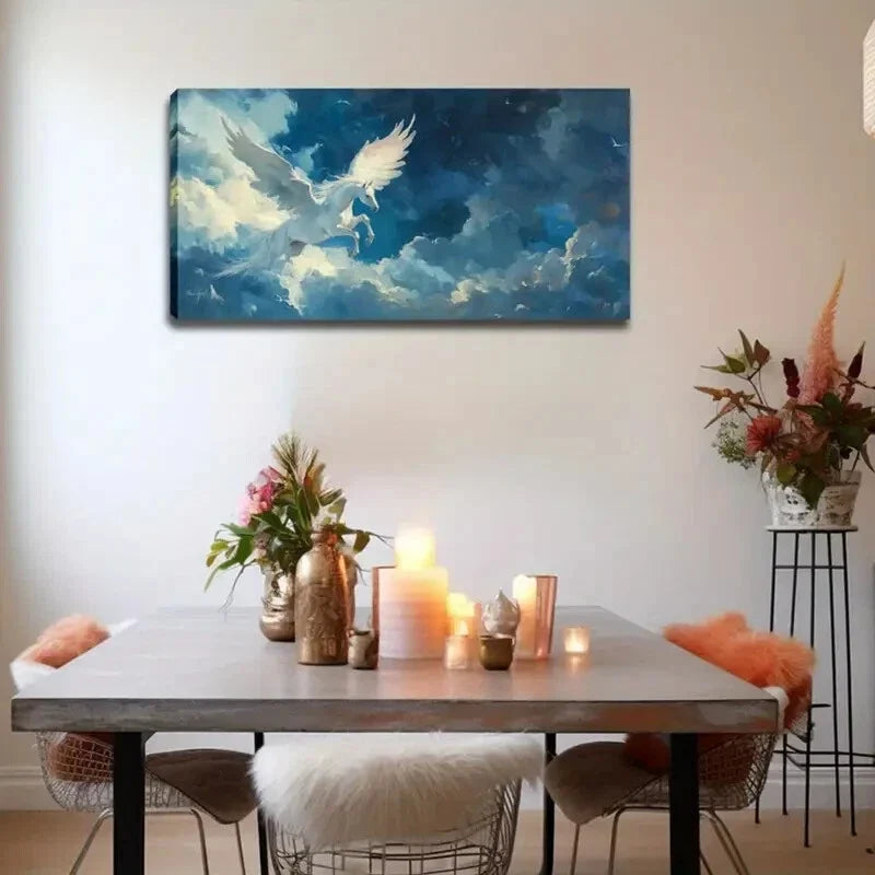 Majestic White Horse with Wings Wall Art Canvas Office Home Room Framed 120x60cm