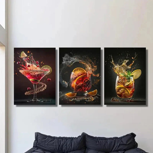 3pcs ,Vibrant Beverage Artwork Metal Print Ready to Hang Art